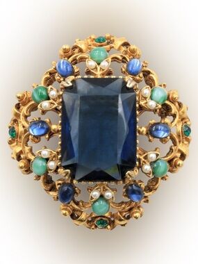 VTG~ FLORENZA Gold-tone Brooch with Deep Blue Centerstone and Green Accents